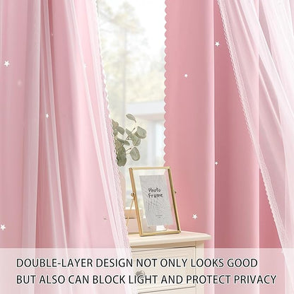 XiDi Pink Blackout Curtains with Sheer Overlay Mix and Match Double Layer 80% Room Darkening Window Treatment Set for Girls Bedroom Living Room Pink Star Drapes with Tiebacks Grommet Top 34" Wx96 Lx2