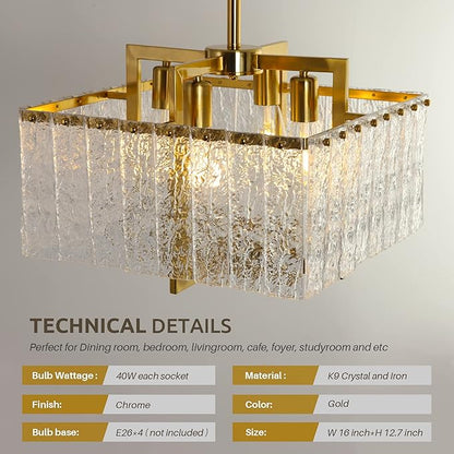 Modern Crystal Chandelier,16" Gold Chandeliers for Dining Room with Water Ripple Glass, Adjustable Height, 4-Light Square Pendant Light Fixture for Kitchen Island Entryway Foyer Hallway