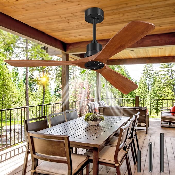 Ceiling Fans With Remote Control, Outdoor Ceiling Fan for Patios Indoor, 3 Downrods, 3 Blades, Timer, 6 Speed Reversible Quiet DC Motor Modern Fan Solid Wood Fan, 52in, Brown