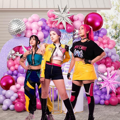 JOGAMS 172Pcs K-Pop Music Balloon Arch Kit, Metallic Silver Purple Pink Balloons Garland with Iridescent Star Disco Foils Balloons for Concert-Style Birthday Idol Showcase Fan Support Party Decor