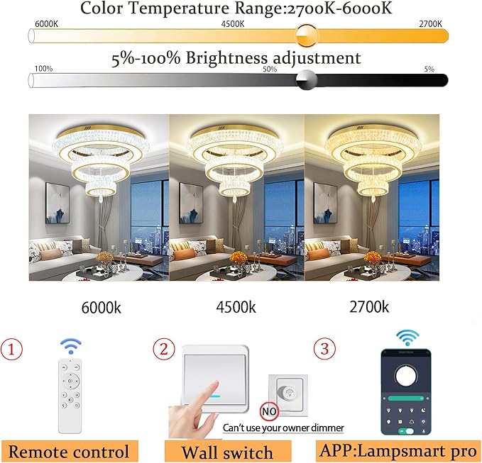 Led 40'' Gold Ring Crystal Chandelier,Modern Luxury Ceiling Lights Fixture for Dining Living Room 3-Tier Raindrop Chandeliers Lighting LED Dimmable 3000-6000K