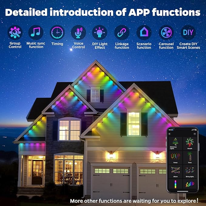 Permanent Outdoor Lights,100ft Smart Rainbow Eave Holiday Light IP67 Waterproof with 60 LED Lights for Christmas Halloween House Decorations, Compatible with Alexa, Google Assistant