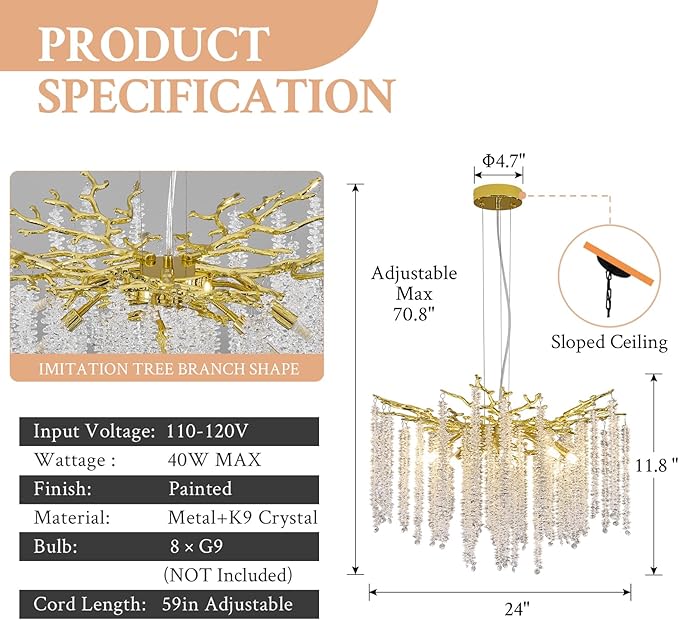 Benkut Modern Tree Branch Crystal Chandelier Luxury Gold Raindrop Pendant Lighting 23.6" Contemporary 8-Light Chandeliers for Dining Room Kitchen Bedroom Living Room