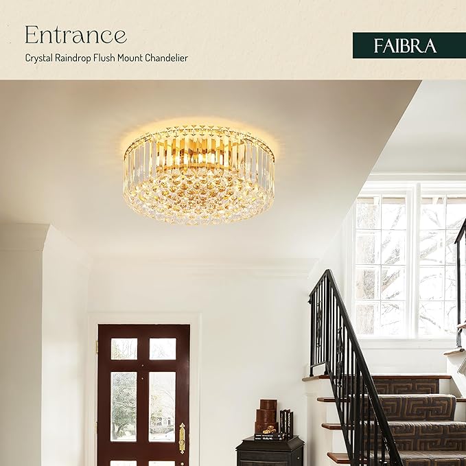 17.3" Gold K9 Crystal Raindrop Flush Mount Ceiling Light, Modern Chandelier, Round Luxury Light Fixture for Dining Room, Bedroom, Hallway, Kitchen Island & Living Room