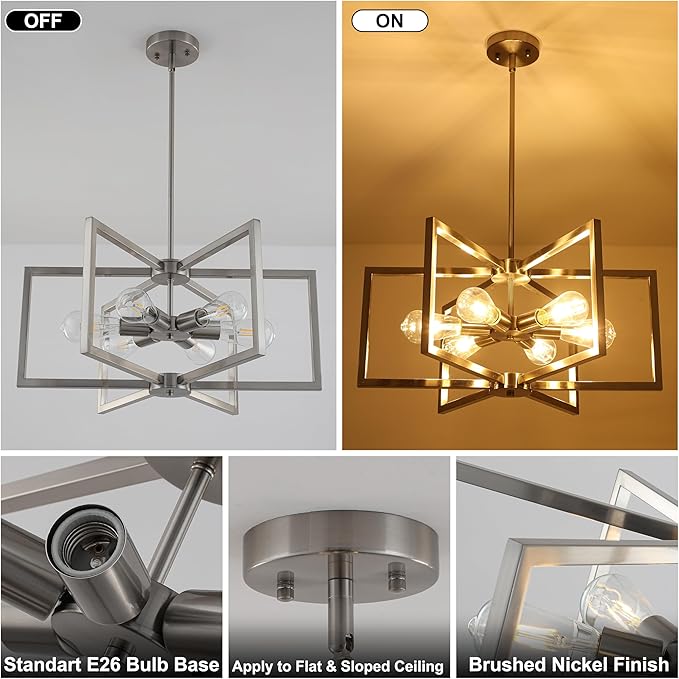 23.6”Brushed Nickel Chandelier for Dining Room 6 Light Kitchen Chandelier Modern Dining Room Light Fixtures Over Table, Hanging Pendant Light Fixture with Adjustable Height for Entryway, Foyer