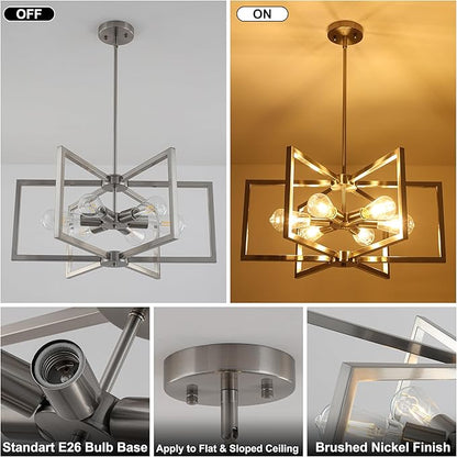 23.6”Brushed Nickel Chandelier for Dining Room 6 Light Kitchen Chandelier Modern Dining Room Light Fixtures Over Table, Hanging Pendant Light Fixture with Adjustable Height for Entryway, Foyer