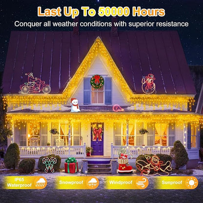 504LED 50ft Christmas Lights, 112Drops 12 Modes Warm White Christmas String Lights Outdoor Dimmable, Waterproof Christmas Decoration Fairy Lights with Timer for Indoor Eaves Party Patio Window Fence