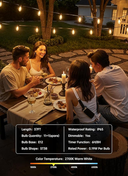 Minetom 37FT Outdoor String Lights with Remote, 11+1 Shatterproof ST38 LED Bulbs, Waterproof Patio Lights with 3 Modes, Dimmable & Connectable 2700K Hanging Lights for Backyard Porch Deck Balcony