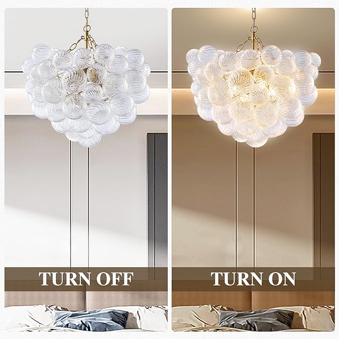 Longree Nordic Bubble Ball Swirled Glass Chandelier, Diam 24 inch Gild Gold and Clear Blown Glass Hanging Pendant Light Fixture for Bedroom Study Restaurant