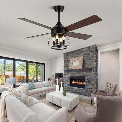 52 Inch Ceiling Fans with Lights, Modern Farmhouse Caged Ceiling Fan, Reversible Motor, 4 Double Finish Wood Blades, Rustic Ceiling Fan for Porch, Living Rooms, Bedroom