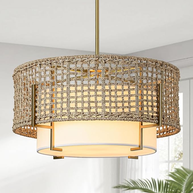 19.7" Rattan Chandelier for Dining Room, 4-Light Boho Hand Woven Pendant Light with Fabric Shade, Rustic Hanging Ceiling Light Fixture for Living Room, Kitchen Island, Bedroom, Hallway, Foyer