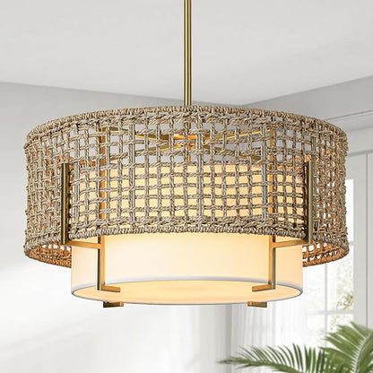 19.7" Rattan Chandelier for Dining Room, 4-Light Boho Hand Woven Pendant Light with Fabric Shade, Rustic Hanging Ceiling Light Fixture for Living Room, Kitchen Island, Bedroom, Hallway, Foyer