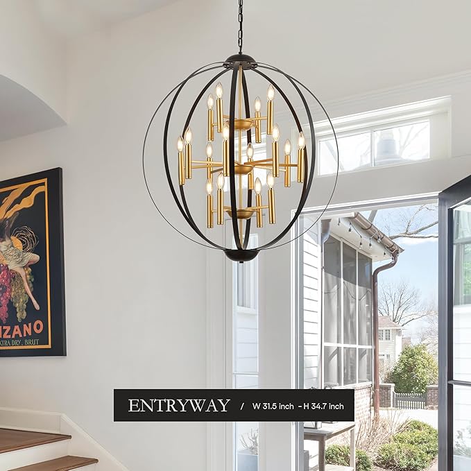 31.5''Black Gold 16-Light Globe Chandelier, Modern Industrial Adjustable Hanging Ceiling Pendant Light Fixture for Entryway Foyer Stairway Hallway Bedroom Living Room Kitchen Island
