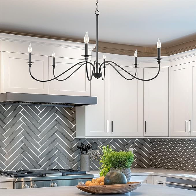 Kira Home Archer 47" 6-Light Large Farmhouse Black Chandelier, Modern Black Ceiling Fixture with Elegant Curved Swoop Arms, Black Finish