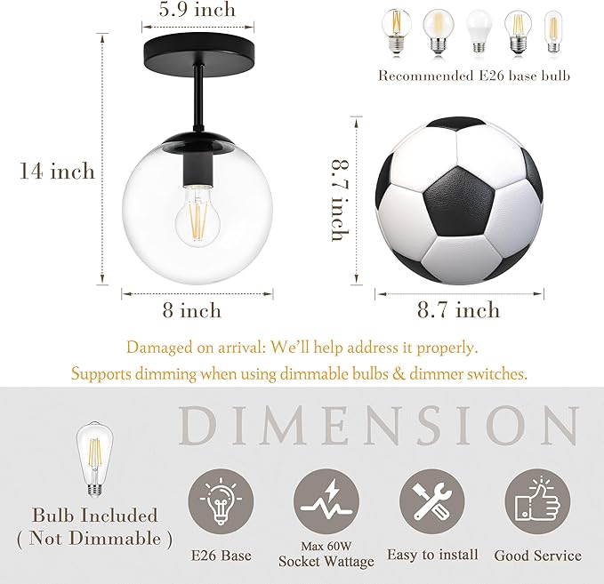 Bagood 8" Black Semi Flush Mount Ceiling Light Fixture Clear Glass Globe Ceiling Light Fixture Hallway Light Fixture Mid Century Ceiling Light Matte Black Finish for Entryway Foyer Kitchen(Bulb Incl.)