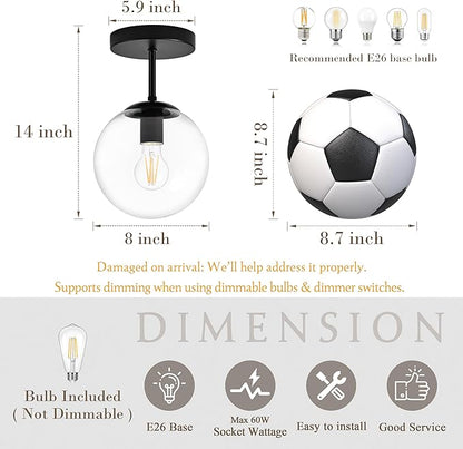 Bagood 8" Black Semi Flush Mount Ceiling Light Fixture Clear Glass Globe Ceiling Light Fixture Hallway Light Fixture Mid Century Ceiling Light Matte Black Finish for Entryway Foyer Kitchen(Bulb Incl.)