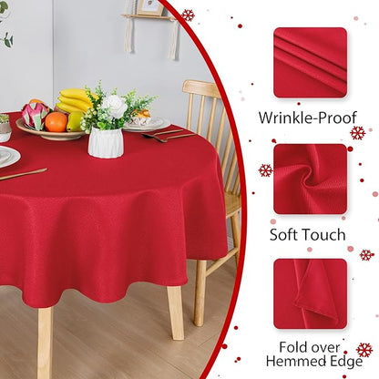 Hiasan Round Textured Tablecloth 50 Inch - Waterproof Spillproof Antiwrinkle Jacquard Table Cloth, Decorative Polyester Table Cover for Kitchen, Outdoor Picnic, Holiday and Parties, Red
