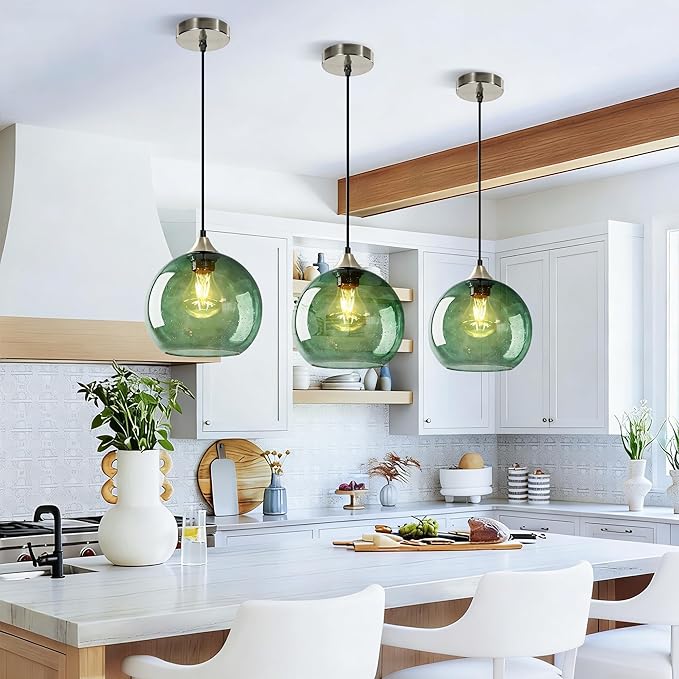 Gray Green Glass Pendant Light, 3-Pack Modern Ceiling Light Fixture with 3 Bulbs, 4.92ft Adjustable Cord, Lighting for Kitchen Island, Dining Room, Living Room, Entryway (7.1Inch)