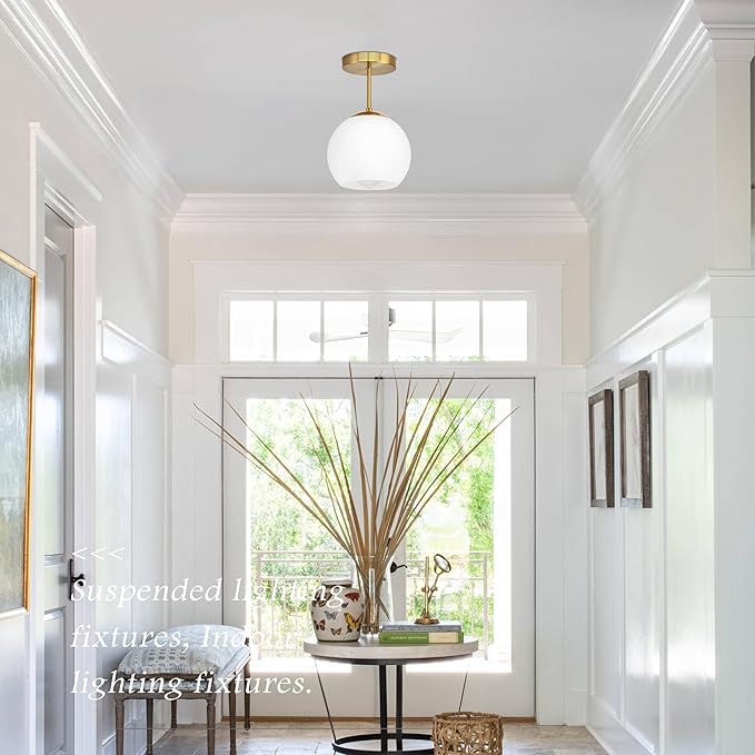 Bagood Gold Semi Flush Mount Ceiling Light Fixture Milk Glass Light Fixture Mid Century Flush Mount Ceiling Lights Brass Flush Mount Ceiling Schoolhouse Lights for Dining Room(Bulb Incl.)