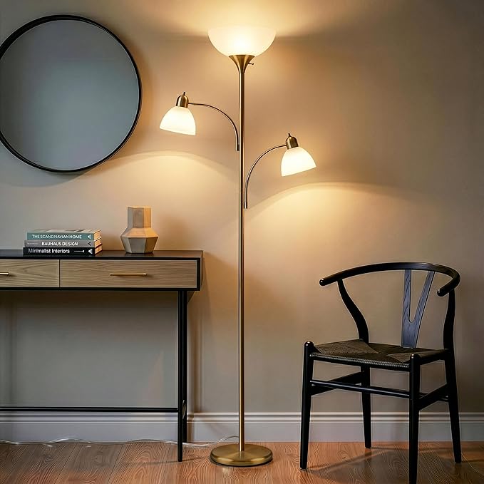 Brightech Sky Dome Double LED Floor lamp, Torchiere Super Bright Floor Lamp with 2 Reading Lamps for Living Rooms & Offices - Dimmable Tall Standing Lamp for Bedroom Reading - Tall Brass Pole