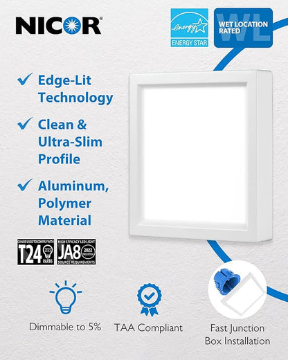 4” Square LED Surface Mount Ceiling Light - Dimmable Ceiling Light for Kitchen - Selectable CCT 2700K-5000K, 617-643 Lumens, 10.7W - DSE Edge-Lit Downlights for Ceiling, White by NICOR Lighting