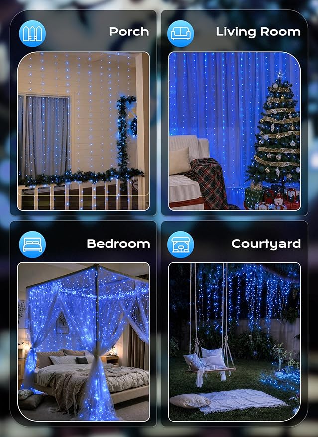 Brightown 300 LED Blue Fairy Curtain Lights, 9.8ft x 9.8ft String Lights, USB Plug in 8 Lighting Modes Christmas String Hanging Lights with Remote for Bedroom Indoor Outdoor Party Xmas Blue 1 Pack