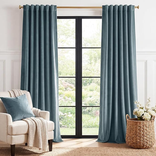 StangH Dark Slate Velvet Curtains Ideal Room Darkening Drapes for Bedroom, Living Room & Home Theater, Thermal Insulated Window Treatment with Rod Pocket & Back Tab Design, 52x108 Inches, 2 Panels.