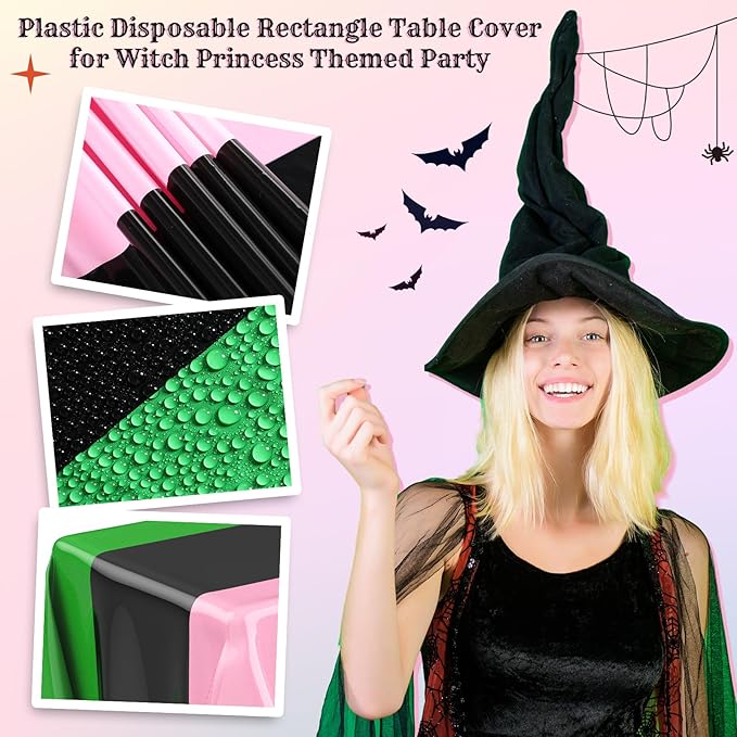 Oudain 2 Pcs Witch Princess Theme Party Pink & Green & Black Party Tablecloth 54 x 108 Inch Plastic Rectangle Tablecloth Waterproof Table Cover for Witch Princess Theme Birthday Decoration