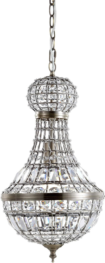 JONATHAN Y 10" Antique Brass Regina Empire LED Pendant Light, Glam Adjustable Hanging Chandelier for Dining Room Kitchen Foyer, Clear Crystal Shade, LED Bulb Included JYL6108A