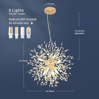CM MZY Modern Crystal Chandeliers Firework, 8-Light Gold Dandelion Sputnik Ceiling Light Fixtures, Sputnik Chandelier for Bedroom Living Room Dining Room Kitchen Island Hallway