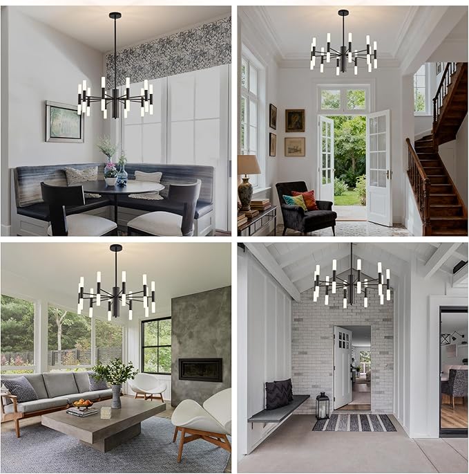 Modern Matte Black Chandelier 20-Light, Mid Century Sputnik Chandeliers with Acrylic Shades, 26.7" Candle Chandeliers for Dinging Room, High Ceilings, Living Room, Foyer, Entryway, G9 Base