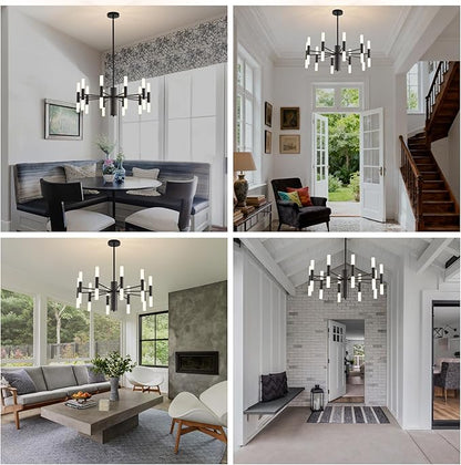 Modern Matte Black Chandelier 20-Light, Mid Century Sputnik Chandeliers with Acrylic Shades, 26.7" Candle Chandeliers for Dinging Room, High Ceilings, Living Room, Foyer, Entryway, G9 Base