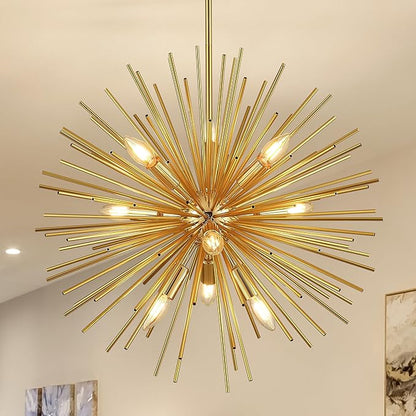 31.5" Gold Sputnik Chandelier 12-Light, Mid Century Modern Starburst Ceiling Light with Adjustable Chain, Industrial Globe Pendant Light Fixture for Dining Room Kitchen Island Living Room Foyer