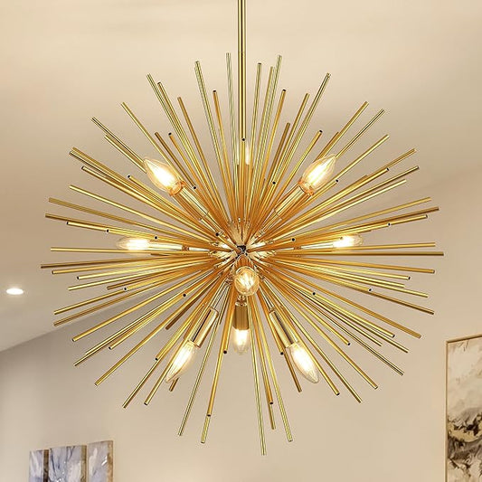 31.5" Gold Sputnik Chandelier 12-Light, Mid Century Modern Starburst Ceiling Light with Adjustable Chain, Industrial Globe Pendant Light Fixture for Dining Room Kitchen Island Living Room Foyer