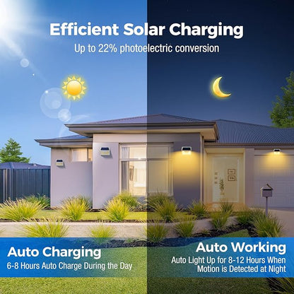 Peasur Solar Lights Outdoor Motion Sensor Waterproof, 4Pack 140LED White Solar Powered Fence Lights, 3 Modes Security Wall Lights for Garden Yard Outside Warm
