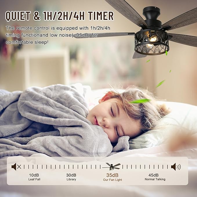52'' Ceiling Fan with Lights, Flush Mount Farmhouse Ceiling Fan with Remote Control, 6 Speeds Reversible DC Motor, Low Profile Industrial Caged Ceiling Fan for Bedroom Living Room