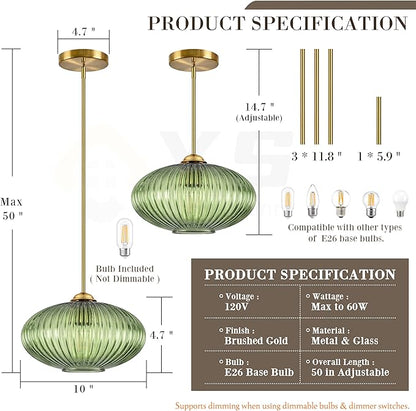 10" Green Glass Modern Pendant Light Kitchen Island 2 Pack Brushed Gold Mid Century Modern Pendant Lighting with Clear Green Glass Hanging Pendant Light for Dining Room（Bulb Incl.）