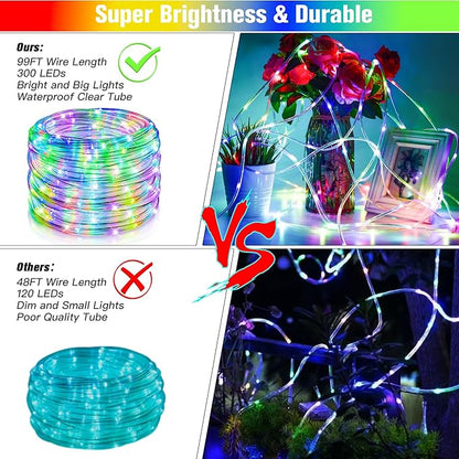 Nazuwke 99Ft LED Rope Lights Outdoor, 18 Colors Changing Fairy String Light Plug in with Remote, IP68 Waterproof 300 LEDs Multicolor Twinkle Christmas Lights for Bedroom Patio Halloween Holiday Decor