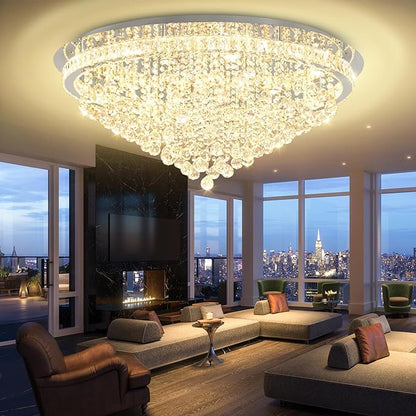 Dia 40" Modern Crystal Chandeliers for Living Room,Silver Large Chandelier Flush Mount Chandeliers for Bedrooms Dining Room Dimmable 2700k 4500k 6000k