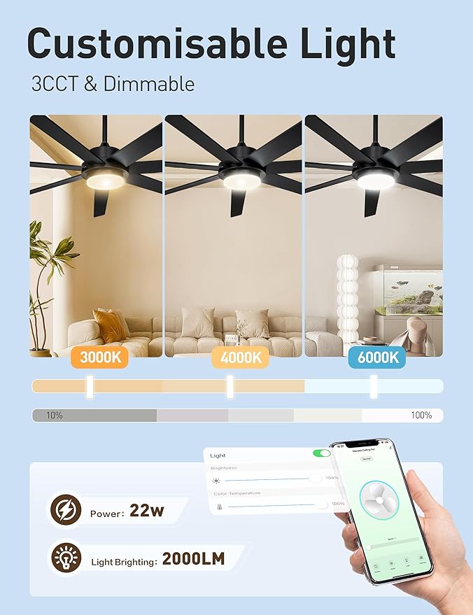 65 Inch Black Smart Ceiling Fan with Light and Remote via WIFI Alexa APP Control,Dimmable,Quiet DC Motor Indoor Outdoor Ceiling Fans for Patios or Bedroom