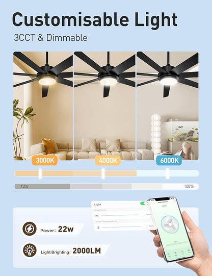 65 Inch Black Smart Ceiling Fan with Light and Remote via WIFI Alexa APP Control,Dimmable,Quiet DC Motor Indoor Outdoor Ceiling Fans for Patios or Bedroom