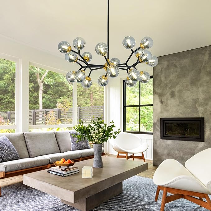 Depuley Glass Globe Sputnik Chandelier: 20-Light Modern Matte Black and Gold Ceiling Light Fixture - Vintage Hanging Chandeliers for Living Room Kitchen Dining Room Bedroom (Included G9 Bulbs)