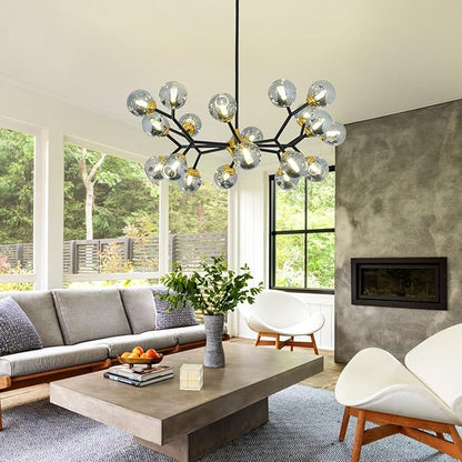 Depuley Glass Globe Sputnik Chandelier: 20-Light Modern Matte Black and Gold Ceiling Light Fixture - Vintage Hanging Chandeliers for Living Room Kitchen Dining Room Bedroom (Included G9 Bulbs)