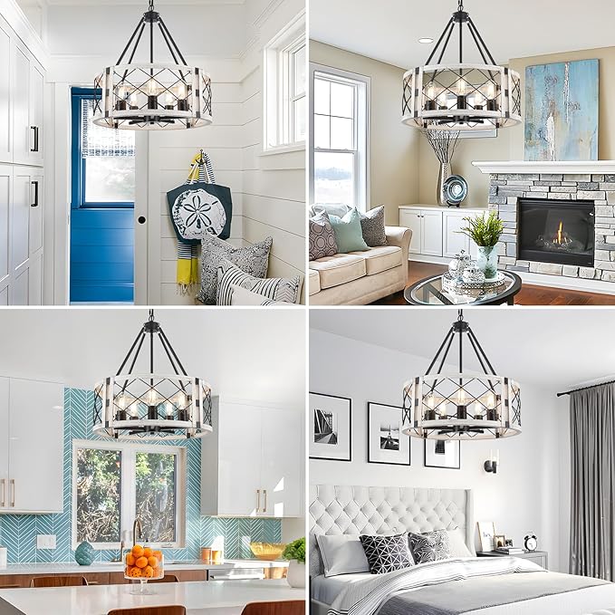 5-Light Farmhouse Chandelier 19.8" White Rustic Chandelier for Dining Room Adjustable Pendant Light Fixture for Kitchen Island Entryway Bedroom Hallway