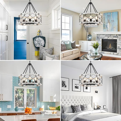 5-Light Farmhouse Chandelier 19.8" White Rustic Chandelier for Dining Room Adjustable Pendant Light Fixture for Kitchen Island Entryway Bedroom Hallway