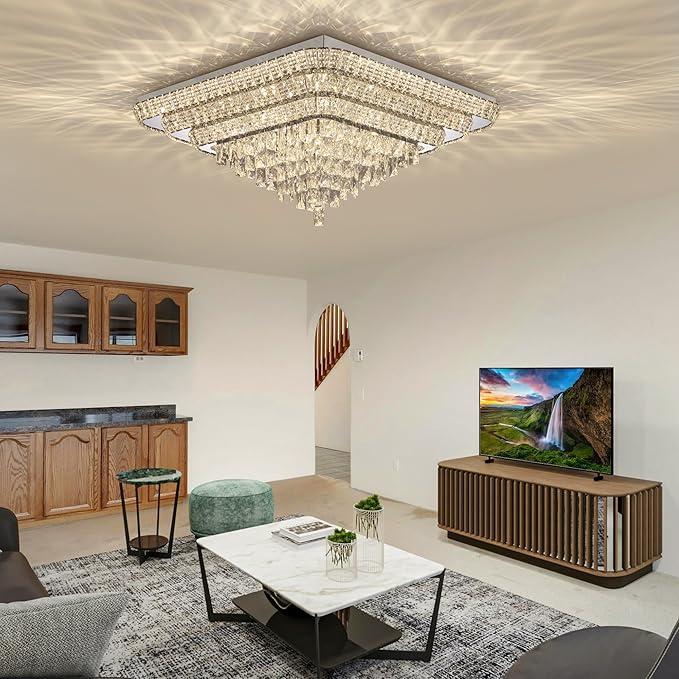 COCOSTAR Crystal Chandeliers, Modern Led Luxury Chandelier, 42" Suqare Flush Mount Chandelier Ceiling Light, Raindrop Chandeliers for Dining Room, Living Room, Bedroom