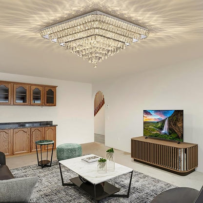 COCOSTAR Crystal Chandeliers, Modern Led Luxury Chandelier, 42" Suqare Flush Mount Chandelier Ceiling Light, Raindrop Chandeliers for Dining Room, Living Room, Bedroom