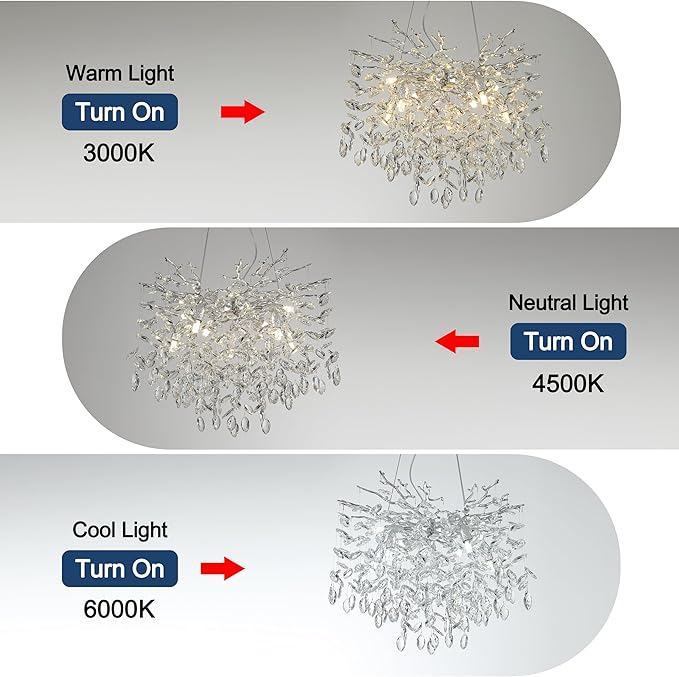 Modern Crystal Tree Branches Chandelier, 23.5in Silver 8 Lights Large Ceiling Hanging Light for Dining Room, Round Raindrop Pendant Light Fixture