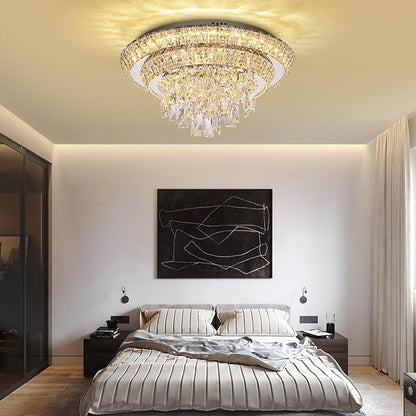18 inch Crystal Silver Ceiling-Light Flush Mount With Remote Control and APP, 3CCT Dimmable & Brightness Adjustable, Modern Crystal Raindrop Chandeliers for Bedroom Hallway Dinning Room Living Room
