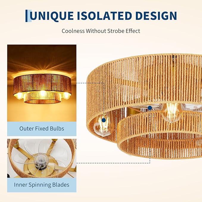 GarveeHome 【Flicker-Free • Hand-Woven Rattan】 20'' Boho Rattan Ceiling Fan with Light and Remote - Flush Mount Caged Ceiling Fan with 6 Speeds for Bedroom, Living Room